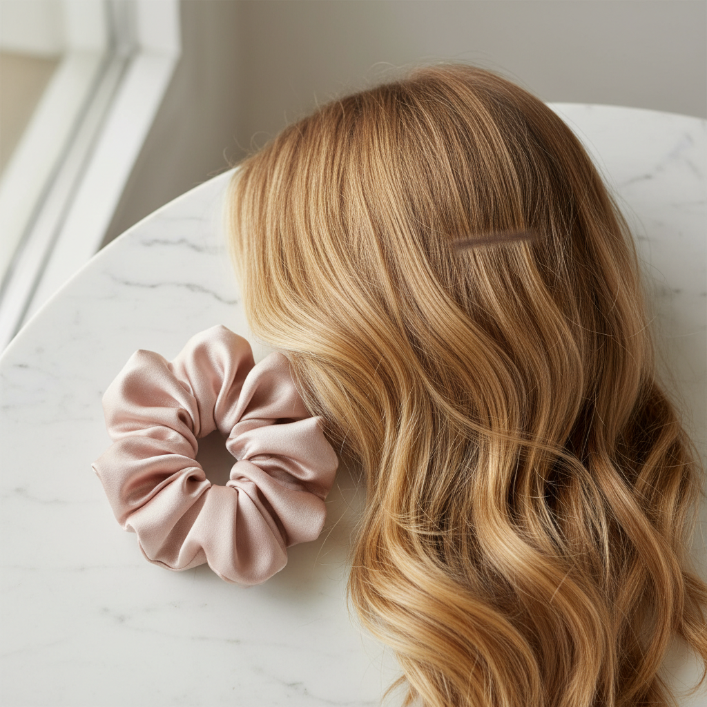Satin scrunchie beside a visible ponytail crease in brown hair